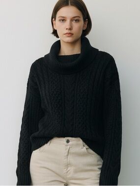 LAUREN Ralph Lauren Sweater Black Cowl Neck Cable Knit SZ M Fisherman Preppy